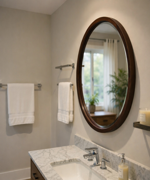 60 cm Round Wall Mirror with Walnut Finish 